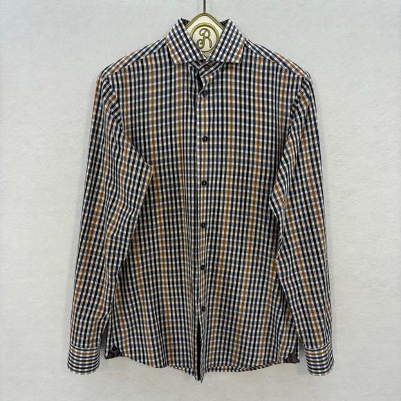BLU by Polifroni Mens Checkered Long Sleeve Button Up Shirt Paisley Trim SMALL - Picture 1 of 14